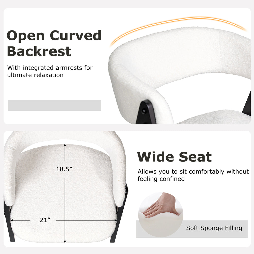 Curved backrest and wide seat of a black wooden dining chair set, upholstered in soft white faux sherpa for comfort.
