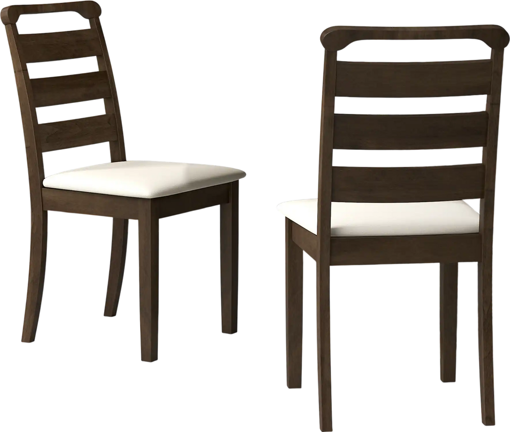 Walnut wooden dining chairs with padded seats and ladder backs, perfect for dining rooms or cafes. Set of 2.