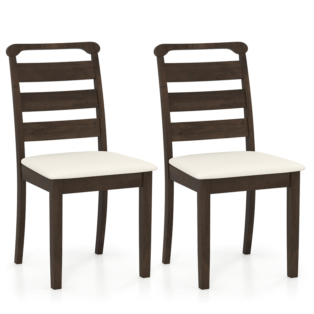 Set of 2 walnut wooden dining chairs with padded seats and ladder backs, perfect for dining rooms or cafes.