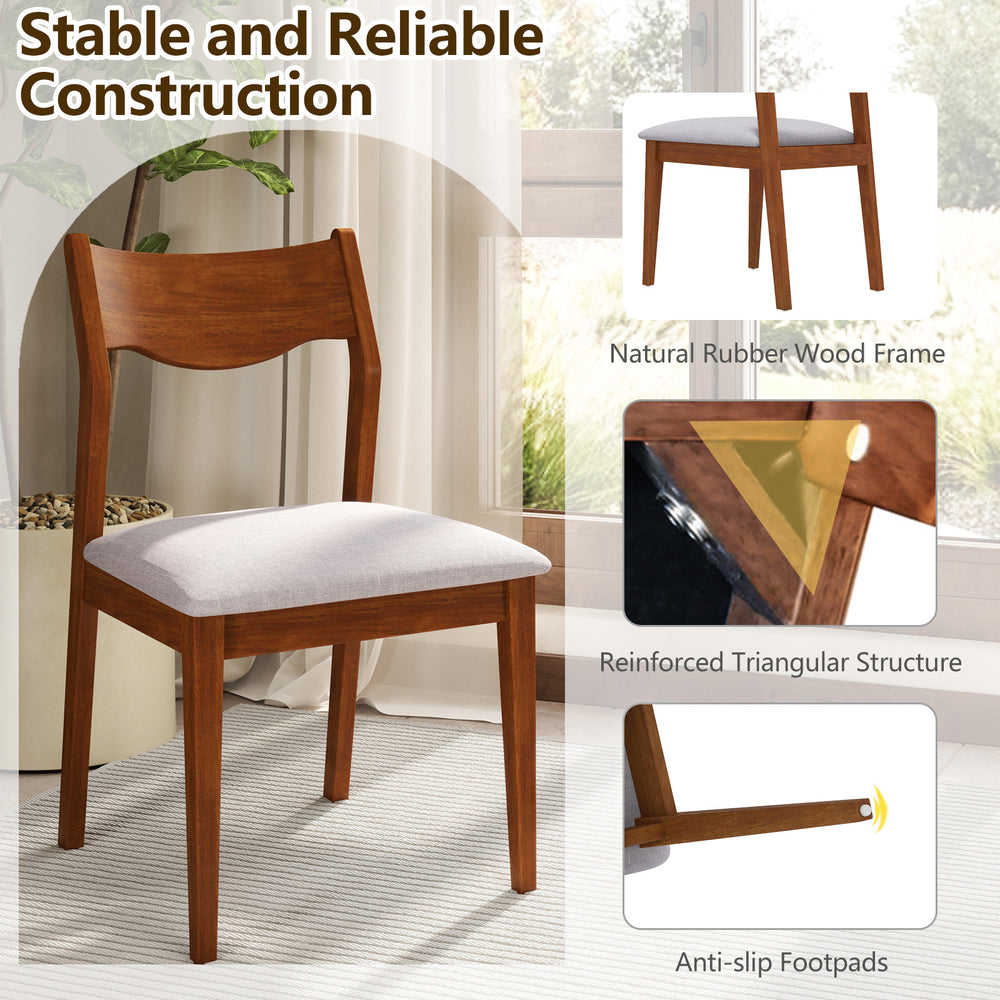 Wooden dining chair with rubber wood frame and wide padded seat, featuring anti-slip footpads for secure seating.
