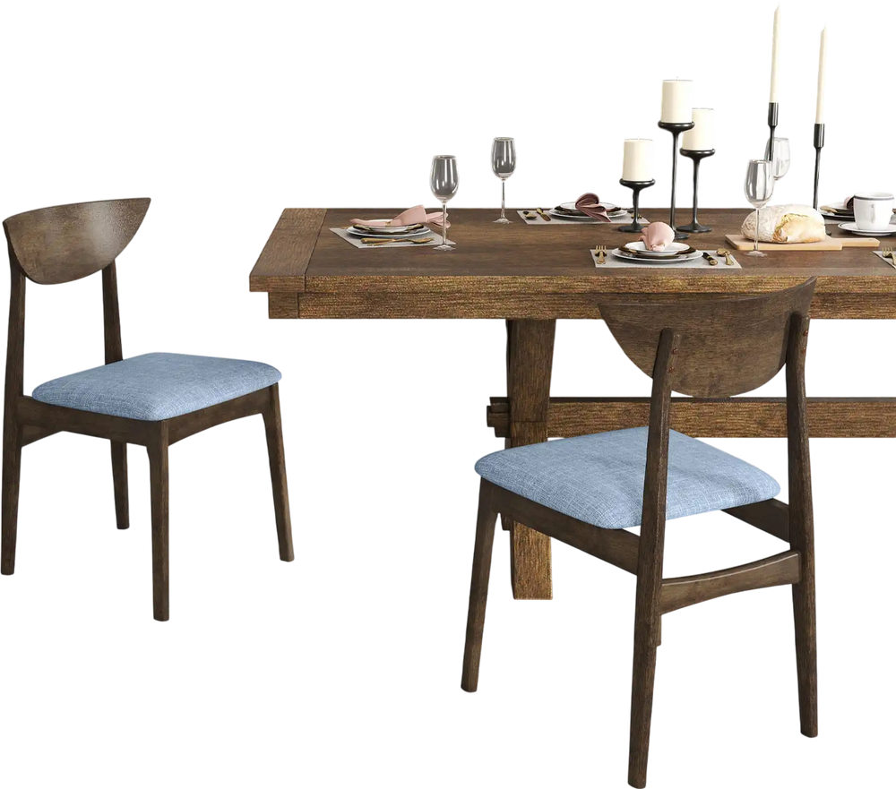 Wooden dining chair set of 2 with rubber wood legs in brown, featuring soft linen cushions for comfort in dining.
