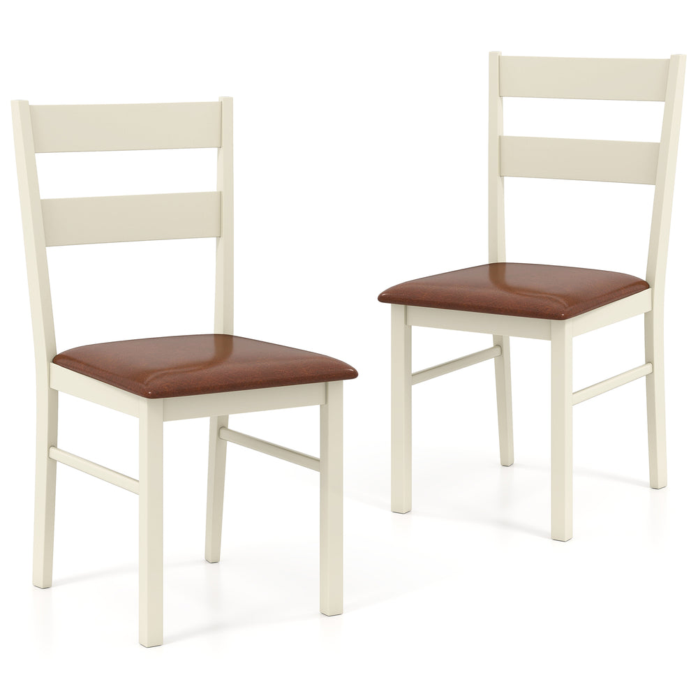 Set of 2 white wooden dining chairs with PU leather upholstery and curved backrests for comfortable seating.