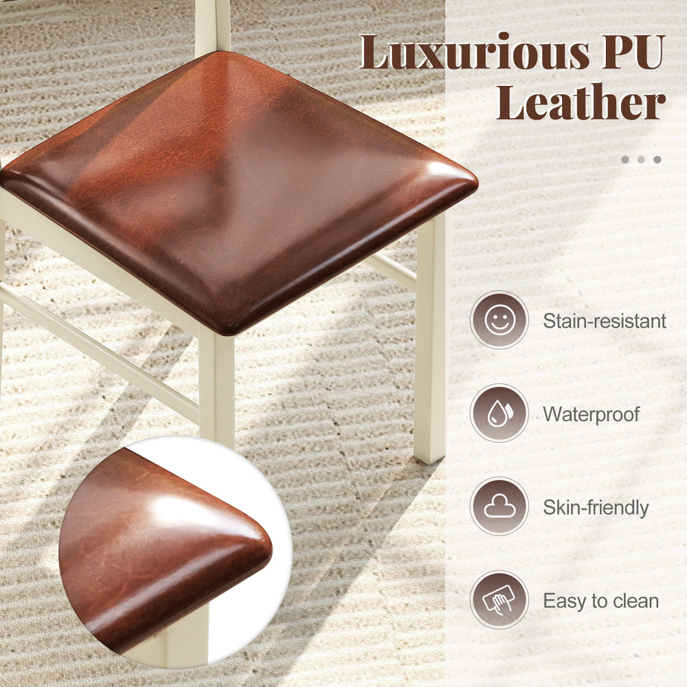 Brown PU leather seat of a wooden dining chair, stain-resistant and waterproof, ideal for kitchen or dining room use.