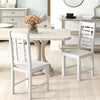Two white wooden dining chairs with high backs and wide seats, crafted from solid rubber wood for stylish kitchen.