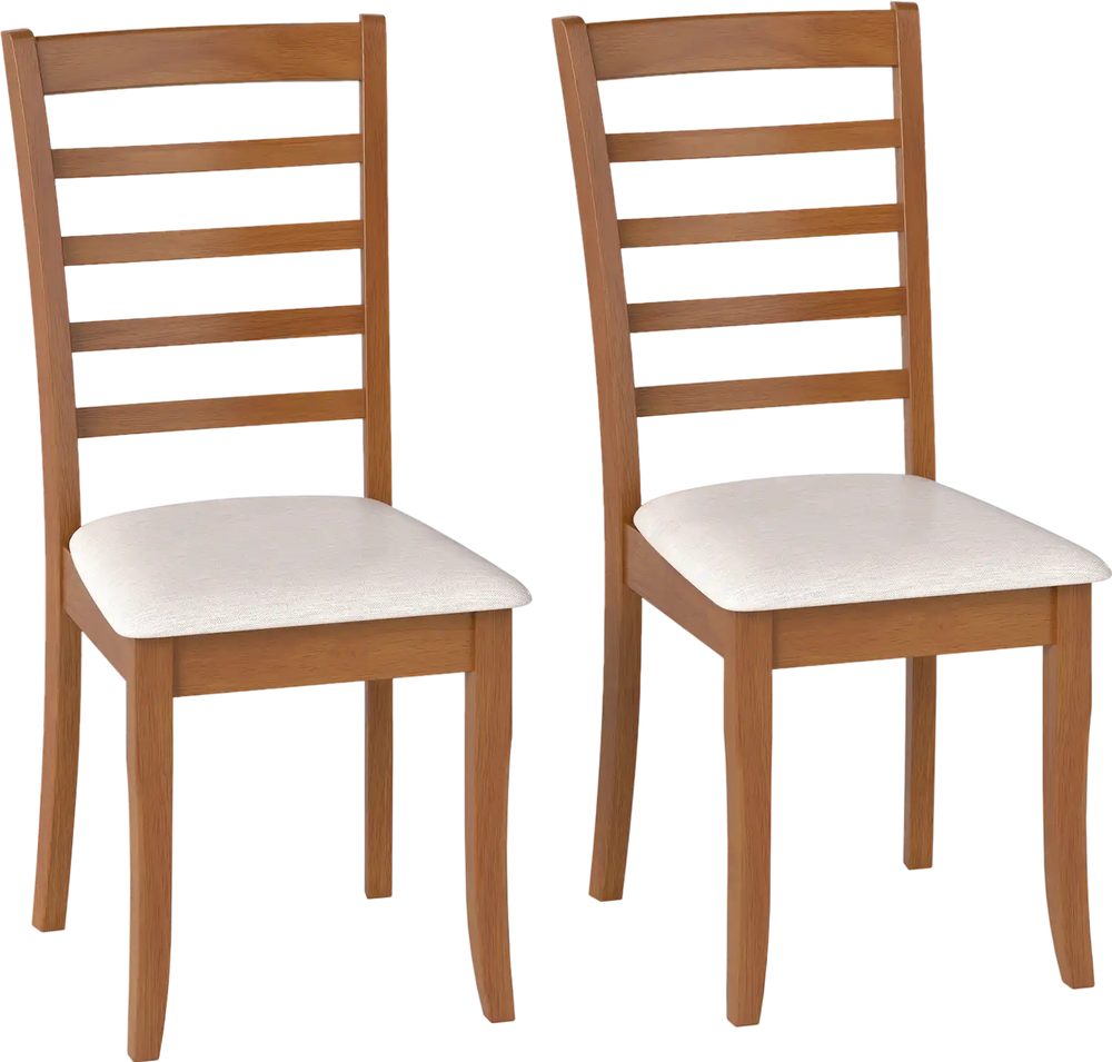 Set of 2 wooden dining chairs with beige upholstered seats and slatted backrest, perfect for modern kitchen or dining.