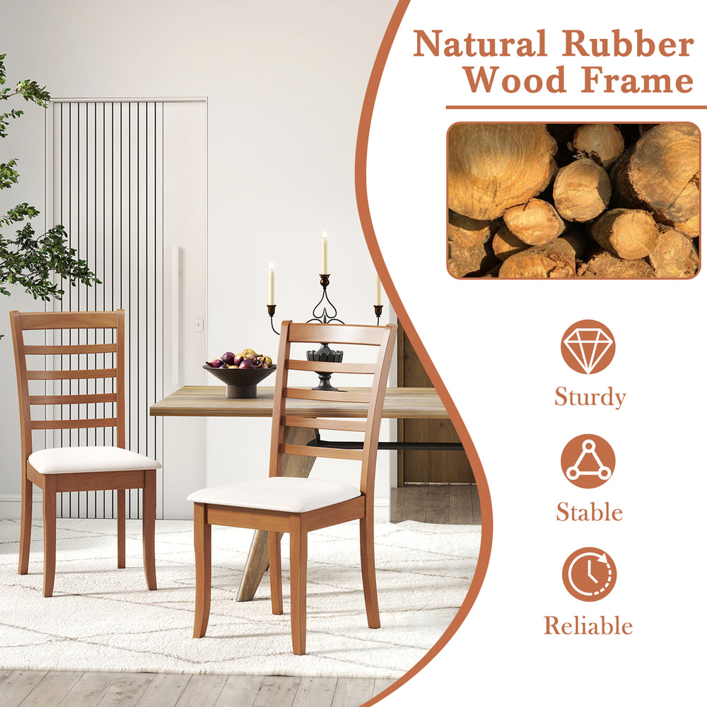 Set of 2 modern wooden dining chairs with natural rubber wood frame and beige upholstery for versatile seating.