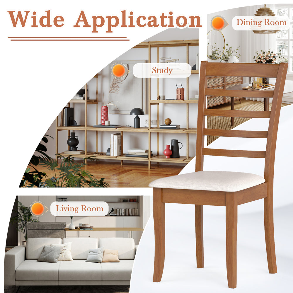 Wooden dining chair with beige upholstery and slatted backrest, perfect for dining rooms, studies, or living rooms.