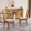 Two wooden dining chairs with beige upholstery and slatted backs, perfect for modern kitchen or dining areas.