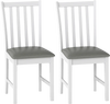 Set of 2 white wooden dining chairs with padded seats and rubber wood frames, perfect for dining rooms and cafes.