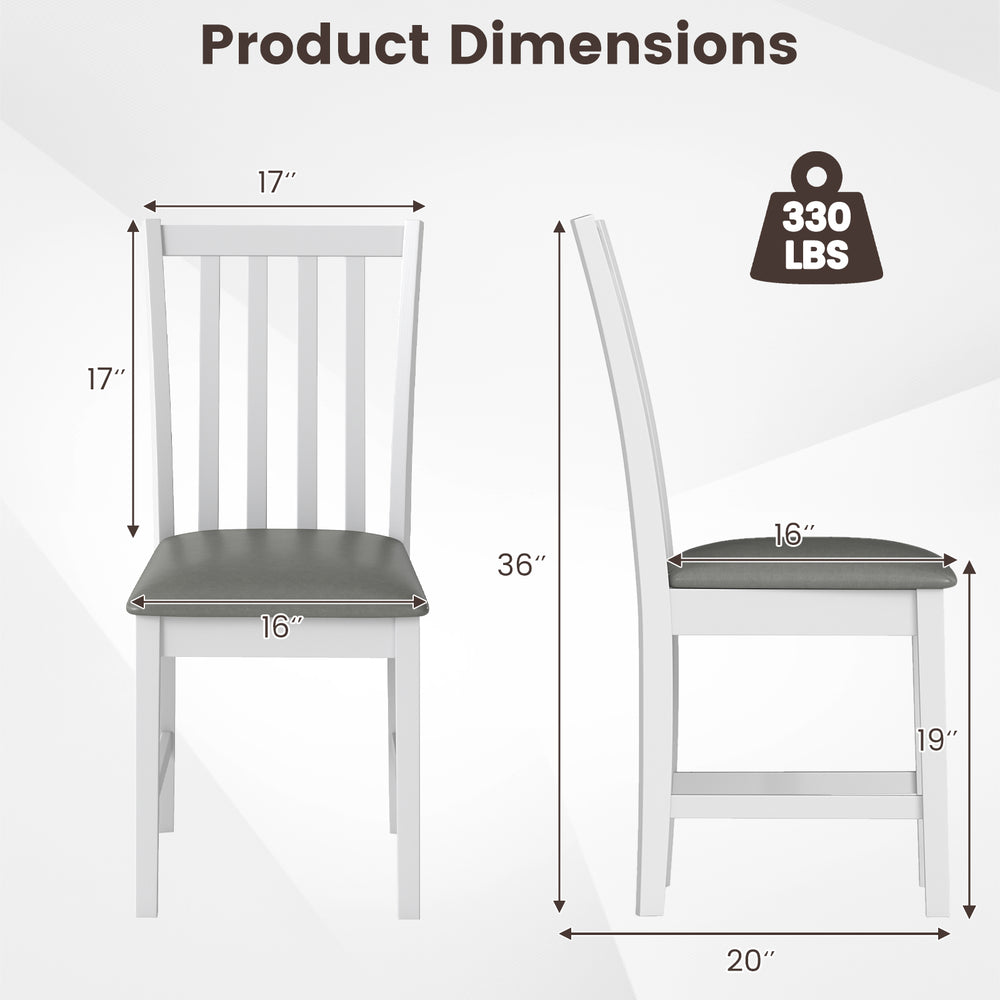 Side view of a white wooden dining chair with padded seat, featuring rubber wood frame and ergonomic back design.