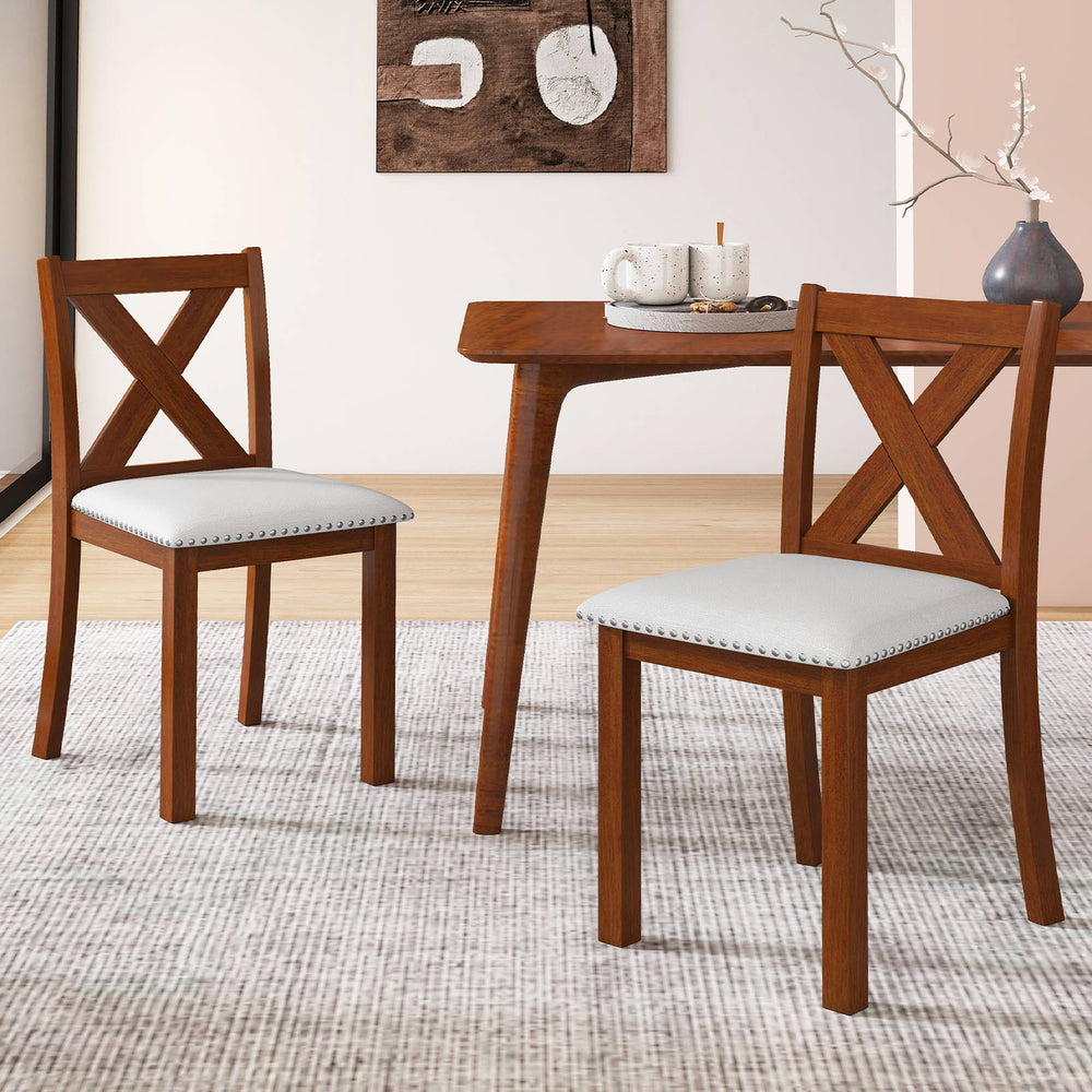 Wooden dining chair set of 2 with padded beige seats and X-shaped backs, perfect for enhancing your dining area.