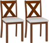 Set of 2 wooden dining chairs with padded beige seats and X-shaped backs, designed for comfort and style in dining.