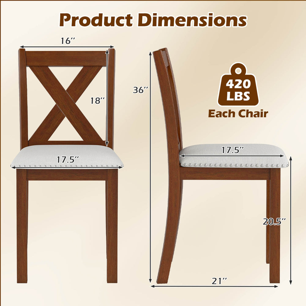 Wooden dining chair with padded seat and curved back, crafted from acacia wood, supports 420 lbs, ideal for dining.