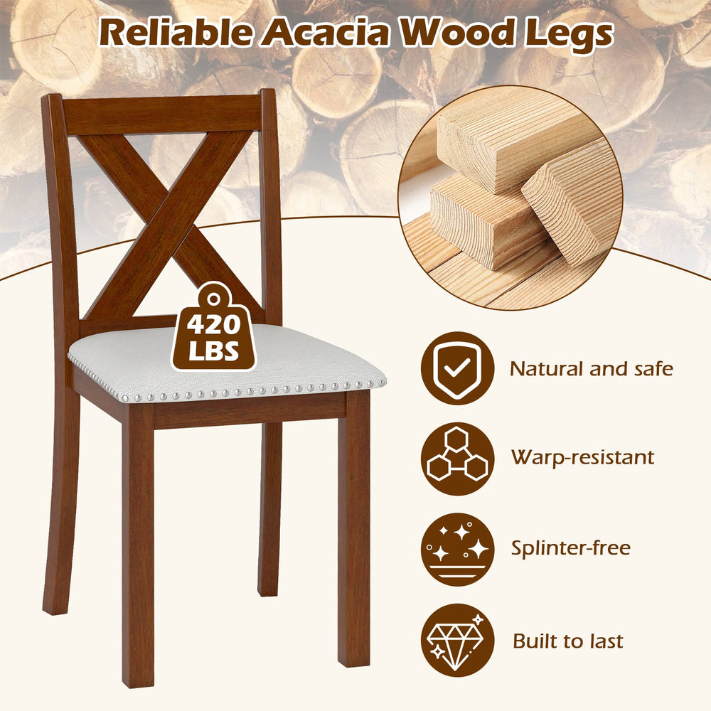 Wooden dining chair with padded seat, acacia wood legs, and X-shaped back, designed for comfort and durability.