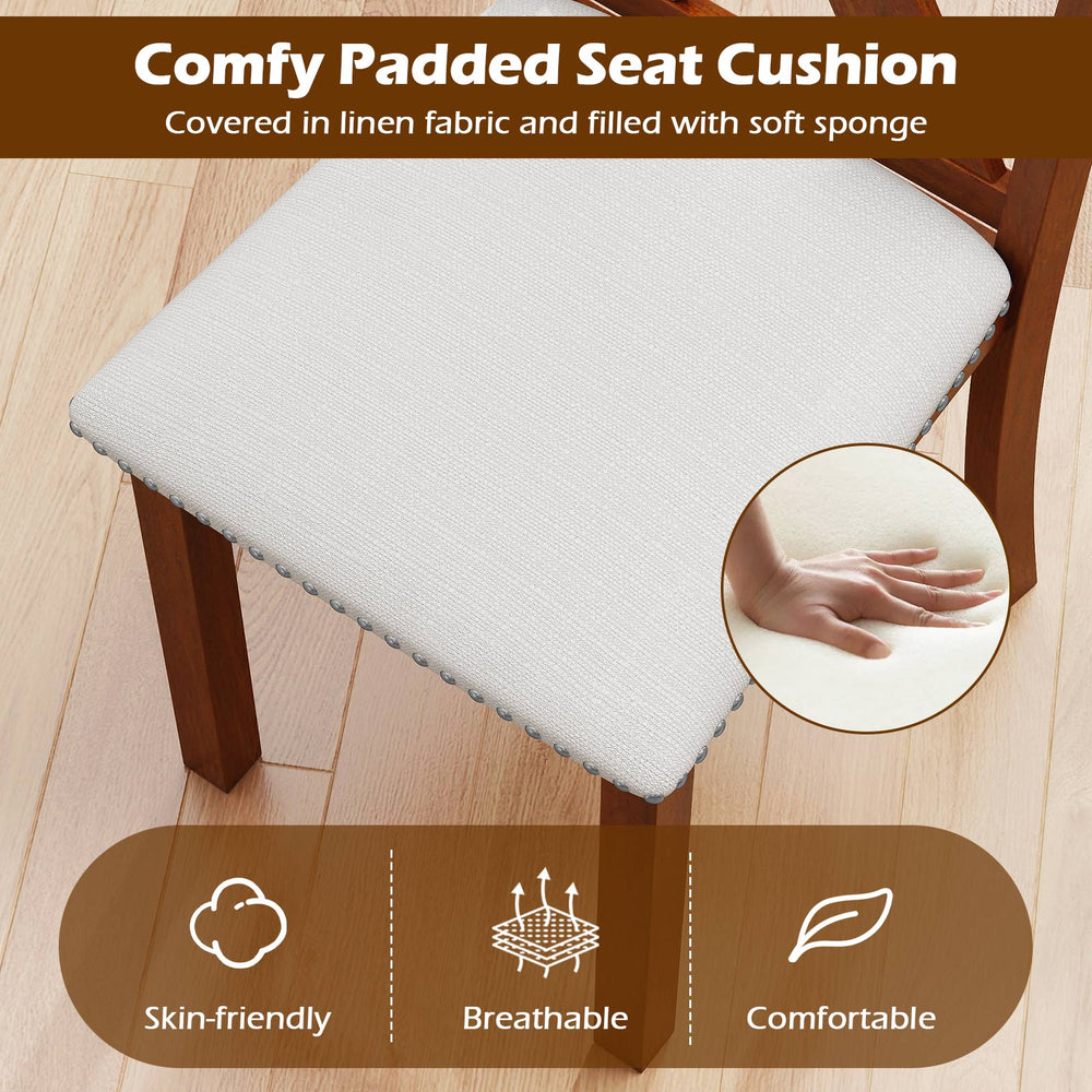 Padded seat cushion in beige linen fabric for wooden dining chair, offering comfort and breathability for long.
