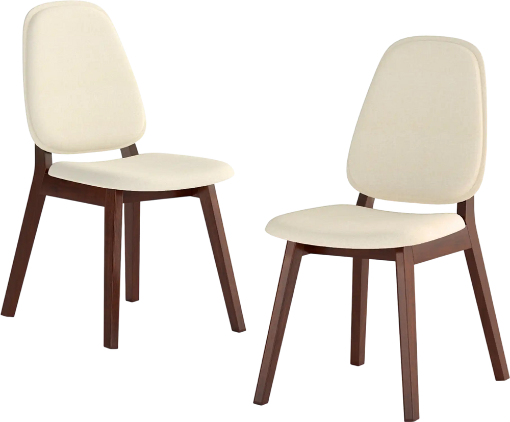 Set of 2 mid-century modern wooden dining chairs with upholstered cream cushions and brown rubber wood frames.