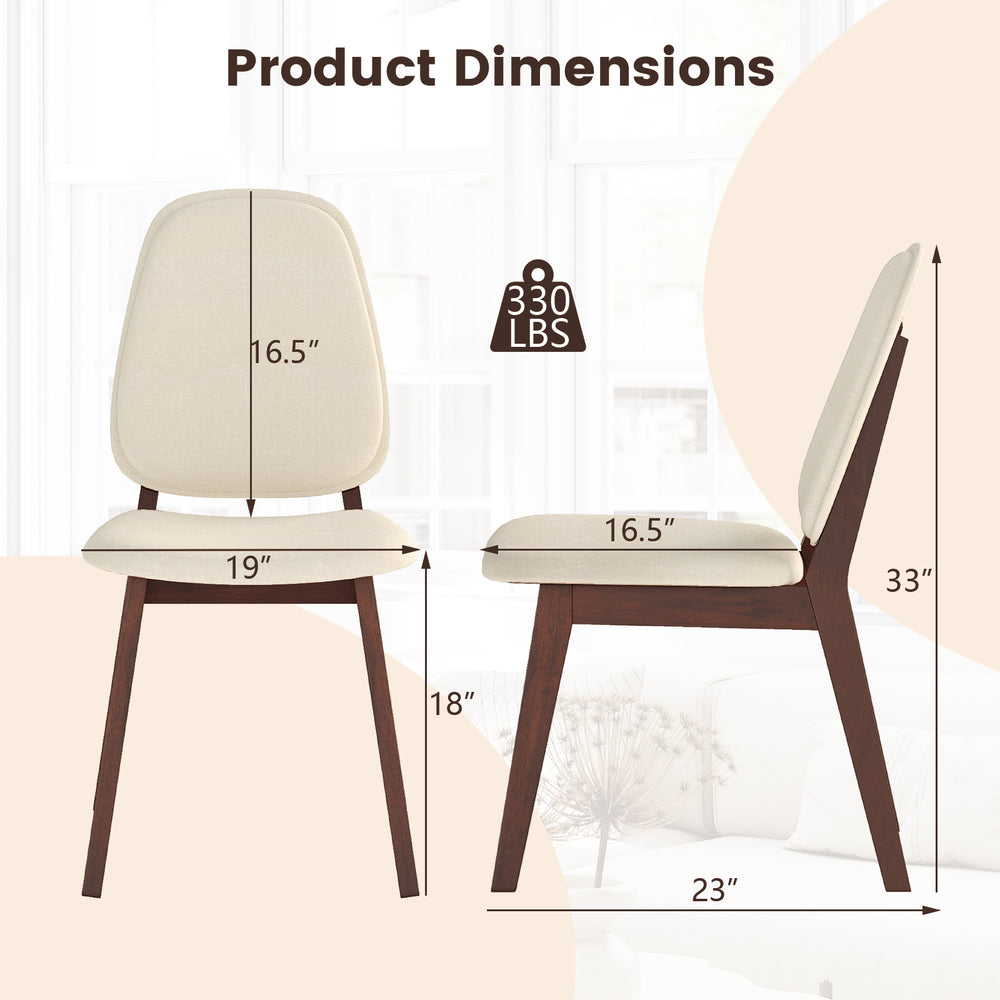 Product dimensions of a mid-century modern wooden dining chair set, featuring a brown finish and upholstered cushions.