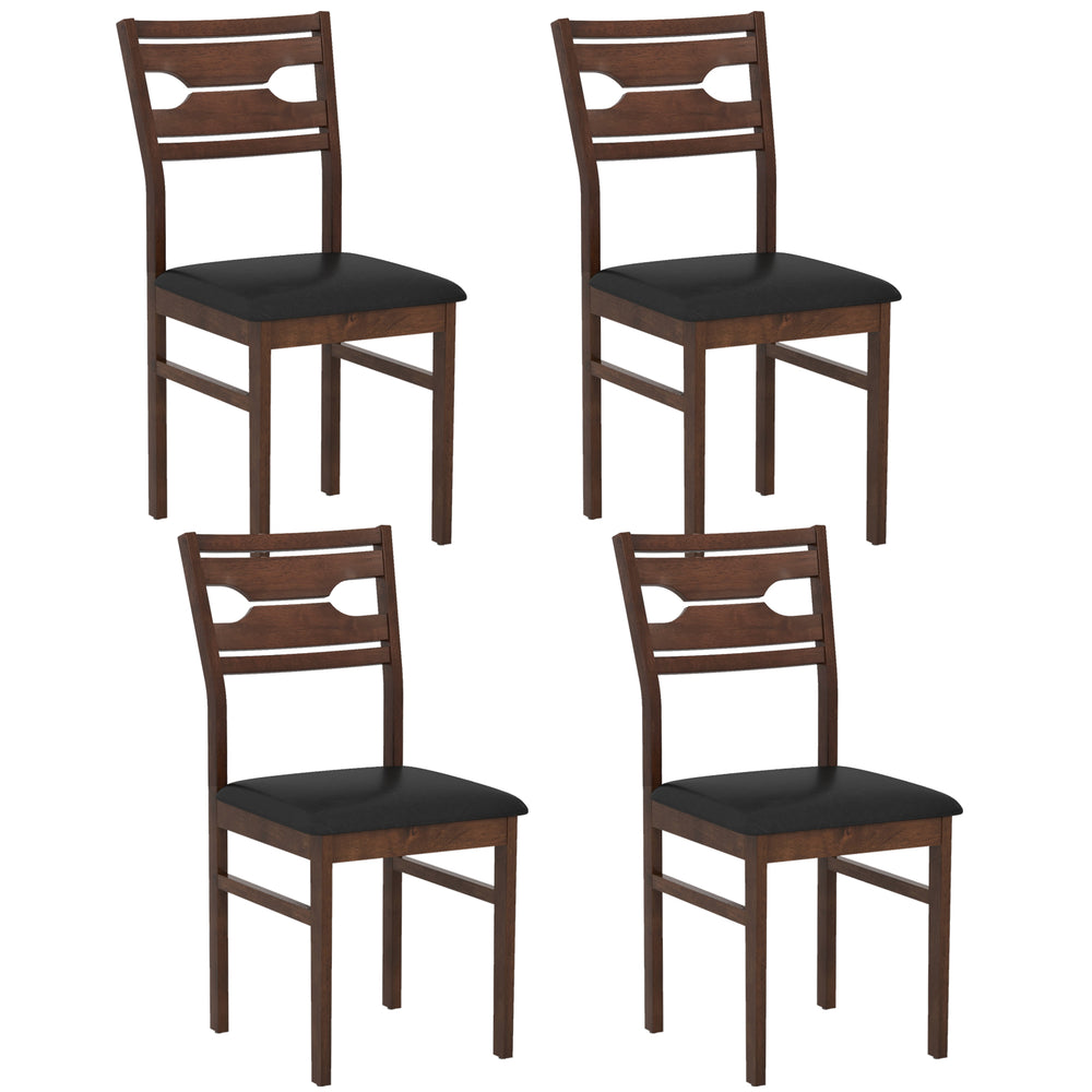 Set of four wooden dining chairs with PU leather padded seats and rubber wood frames in deep brown, ideal for dining.