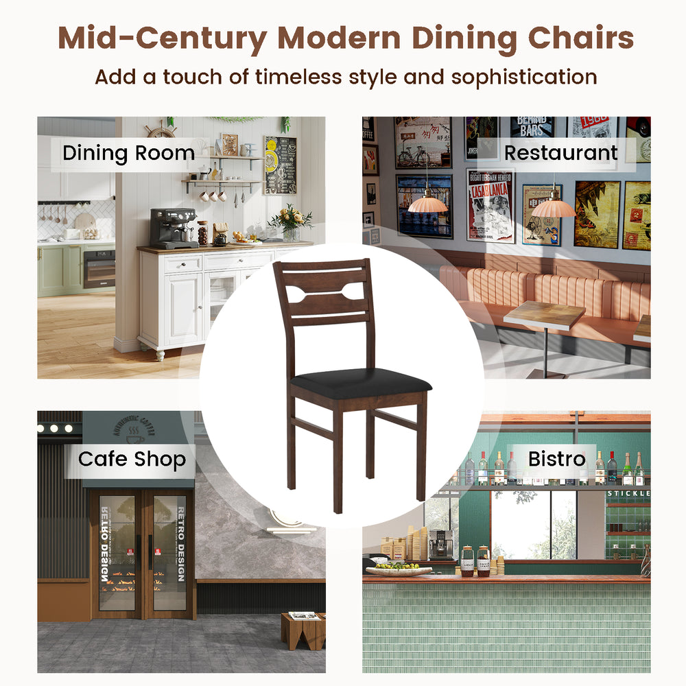 Wooden dining chair with PU leather padded seat and rubber wood frame in walnut, ideal for dining rooms and cafes.
