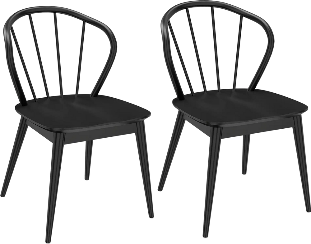 Black wooden dining chair set of 2 with high spindle backs and wide seats, ideal for dining rooms and cafes.