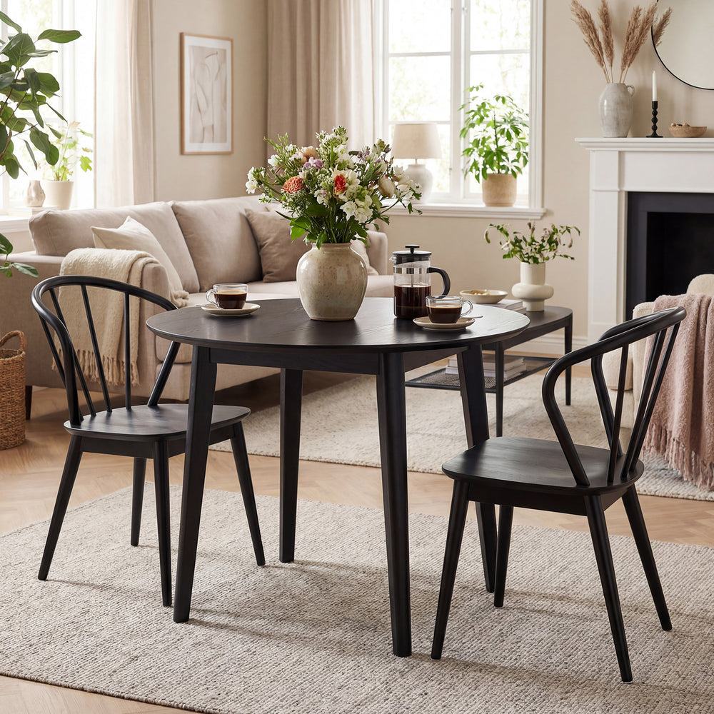 Black wooden dining chair set of 2 with high spindle backs, perfect for dining rooms or cafes, showcasing ergonomic.