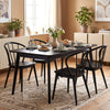 Black wooden dining chair set with high spindle backs and wide seats, perfect for dining rooms and cafes.