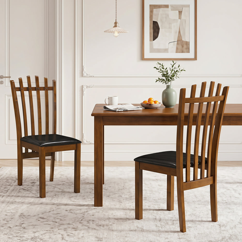 Wooden dining chair set of 2 with spindle back and black PU leather seats, perfect for enhancing any dining space.