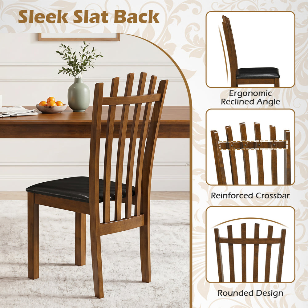 Wooden dining chair with a sleek slat back, PU leather seat, and reinforced crossbar for reliable support and comfort.