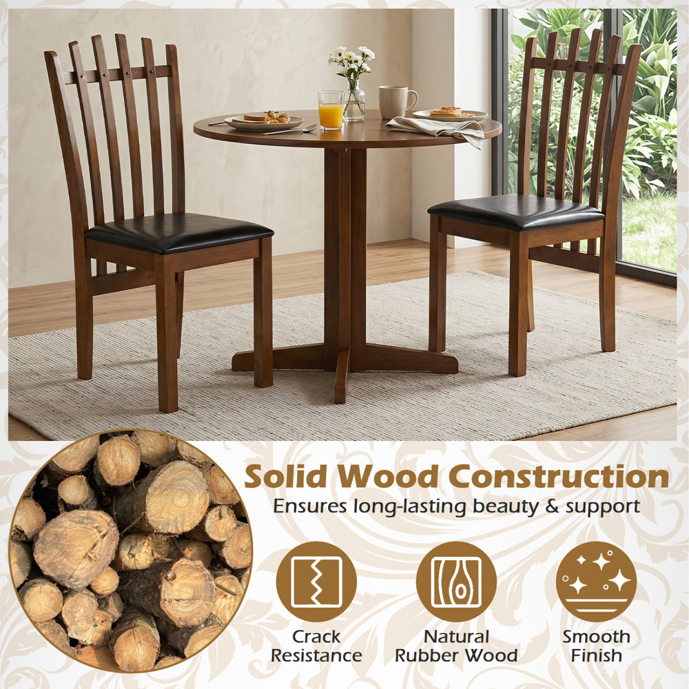 Wooden dining chair set of 2 features a spindle back and PU leather seat, crafted from solid rubber wood for durability.