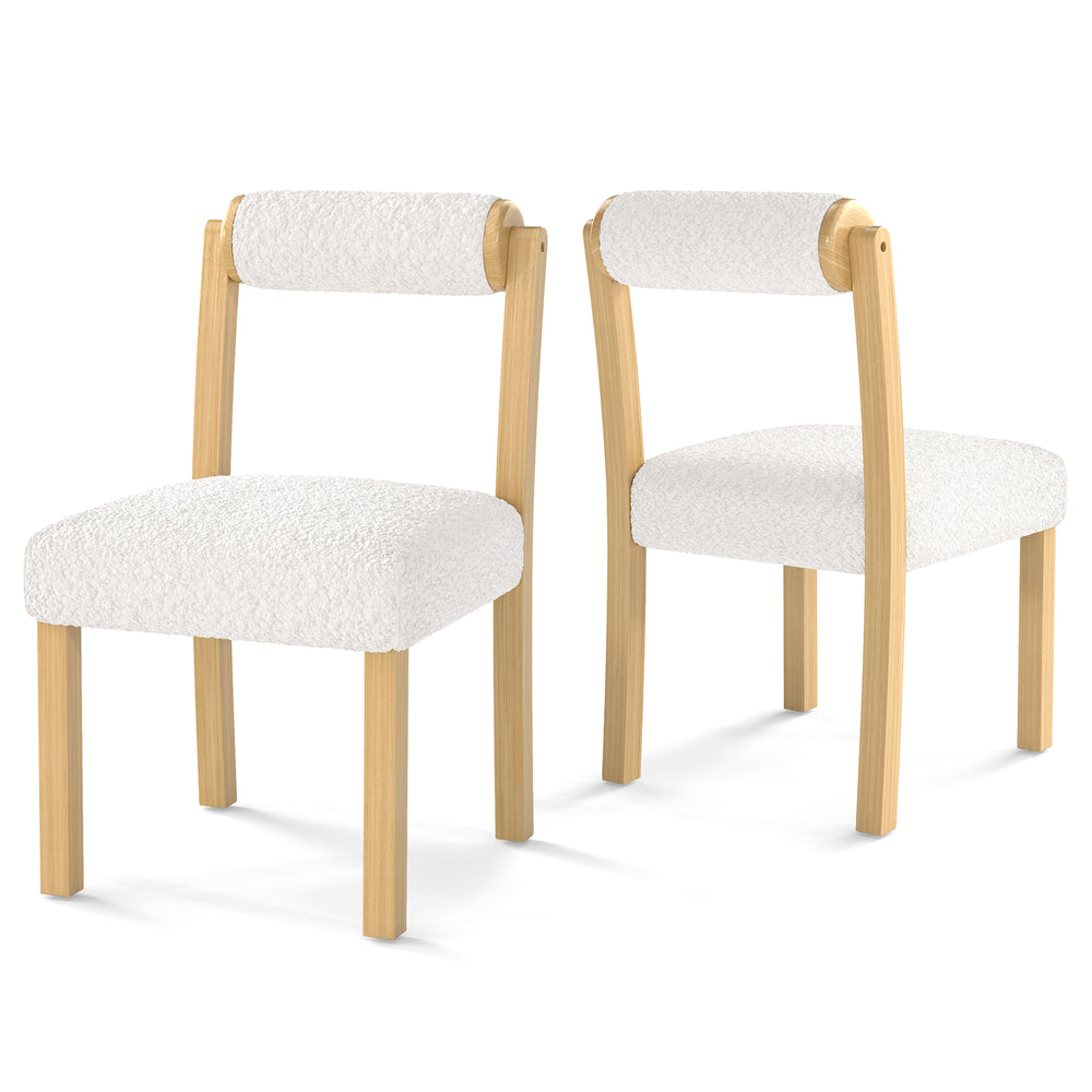 Set of 2 wooden dining chairs with rubber wood frames and white faux sherpa upholstery for stylish dining comfort.