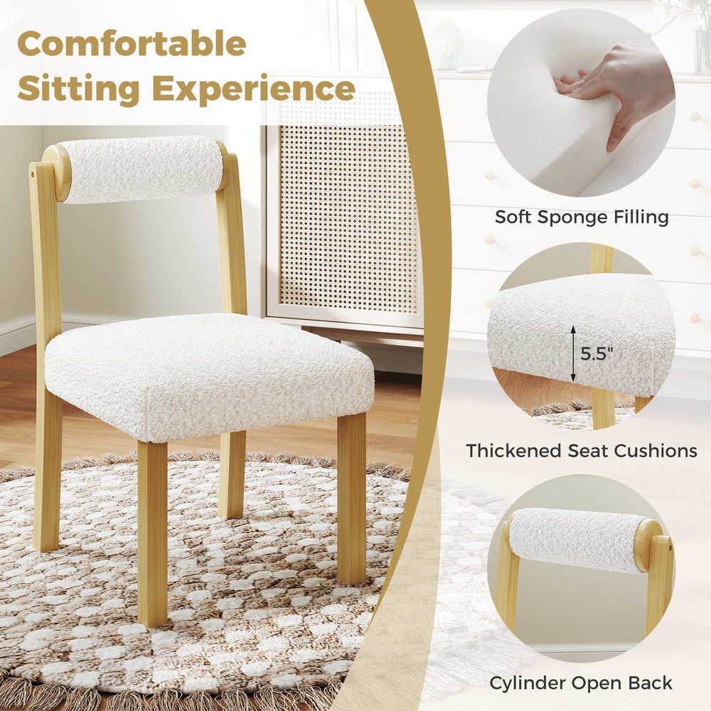 White wooden dining chair with rubber wood frame, thickened seat cushions, and cylinder open back for stylish comfort.