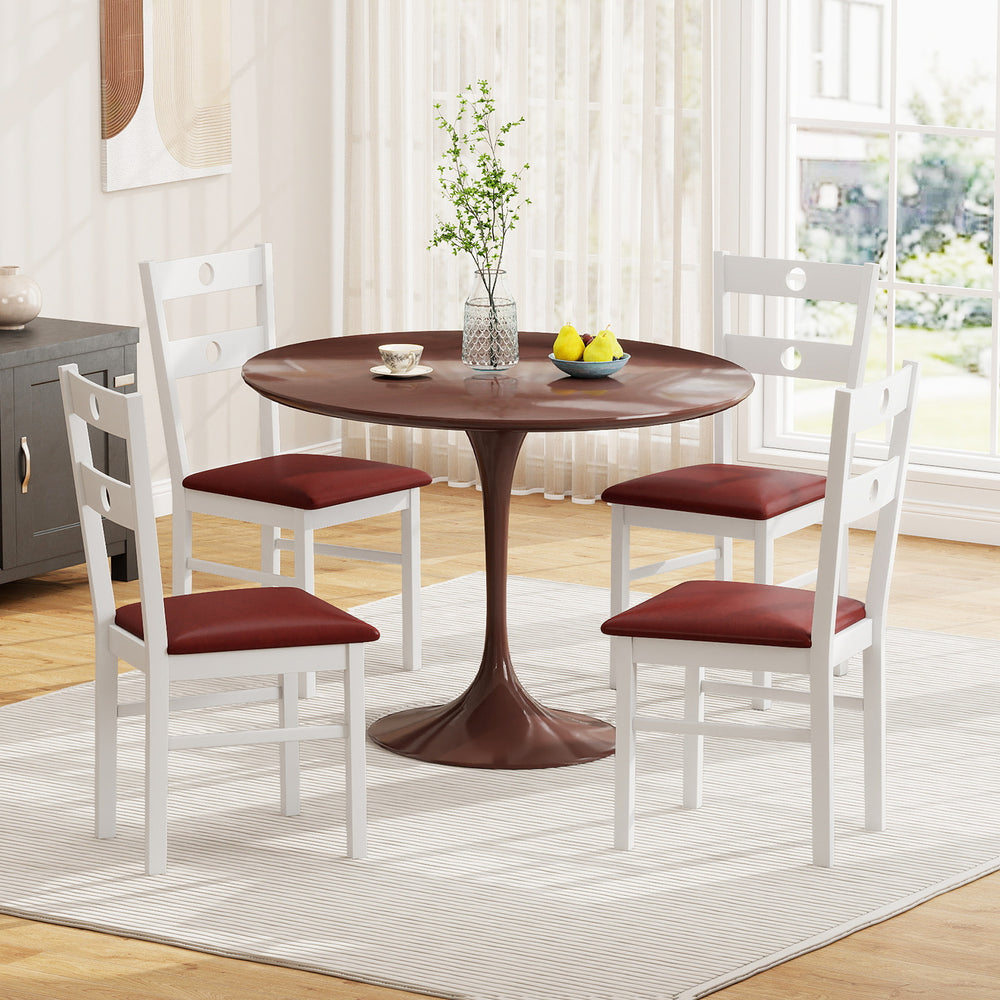 White armless dining chairs with hollowed backrest, featuring waterproof PU leather seats, ideal for kitchens and.