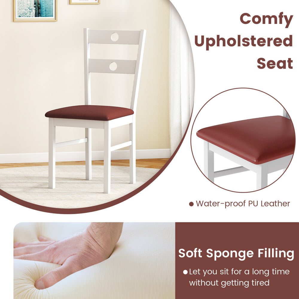 White wooden dining chair with waterproof PU leather seat and hollowed backrest, perfect for kitchens and dining rooms.