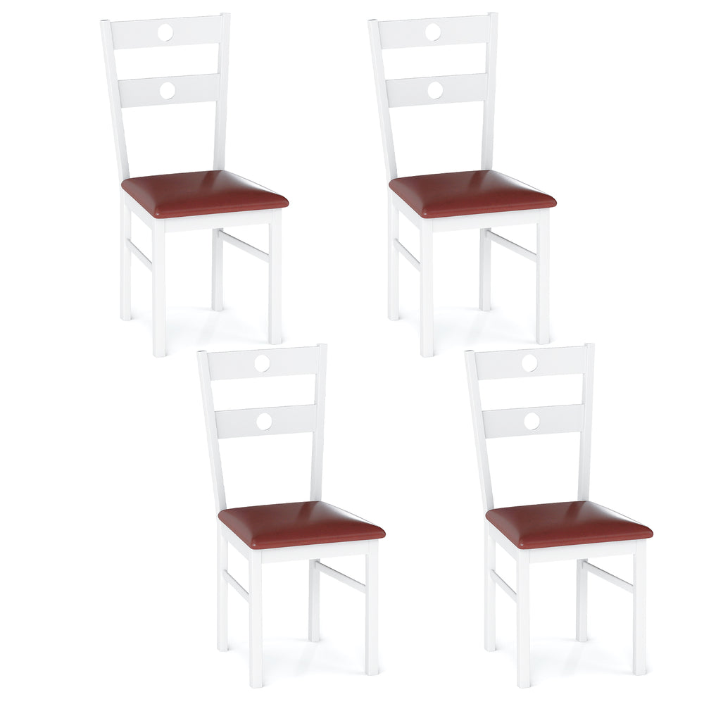 Set of 4 white wooden dining chairs with hollowed backrest and brown upholstered seats, ideal for kitchens and dining.