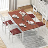 Set of 4 white armless wooden dining chairs with hollowed backrests and red upholstered seats, perfect for kitchens or.