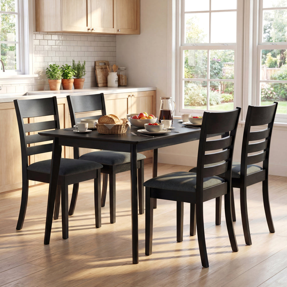 Set of 4 black upholstered dining chairs with rubber wood frame, featuring high backrests and padded seats for comfort.