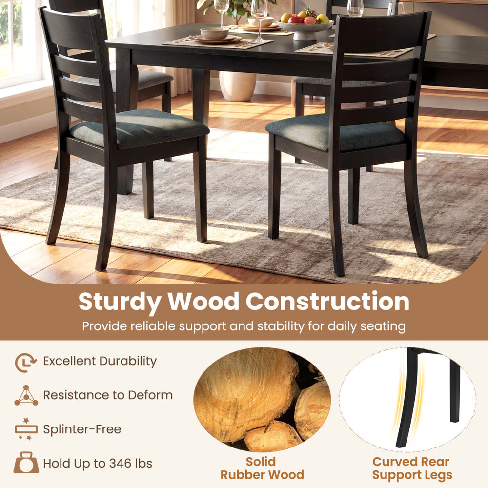 Black upholstered dining chair with solid rubber wood frame, featuring a high backrest for comfort and support.