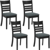 Set of 4 black wooden dining chairs with upholstered seats and slatted backs, perfect for kitchens and dining rooms.
