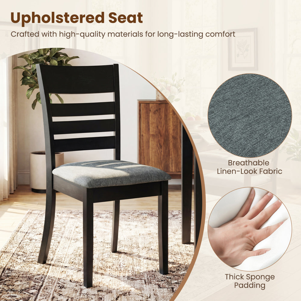 Black wooden dining chair with upholstered seat, thick sponge padding, and slatted back for comfort in dining spaces.