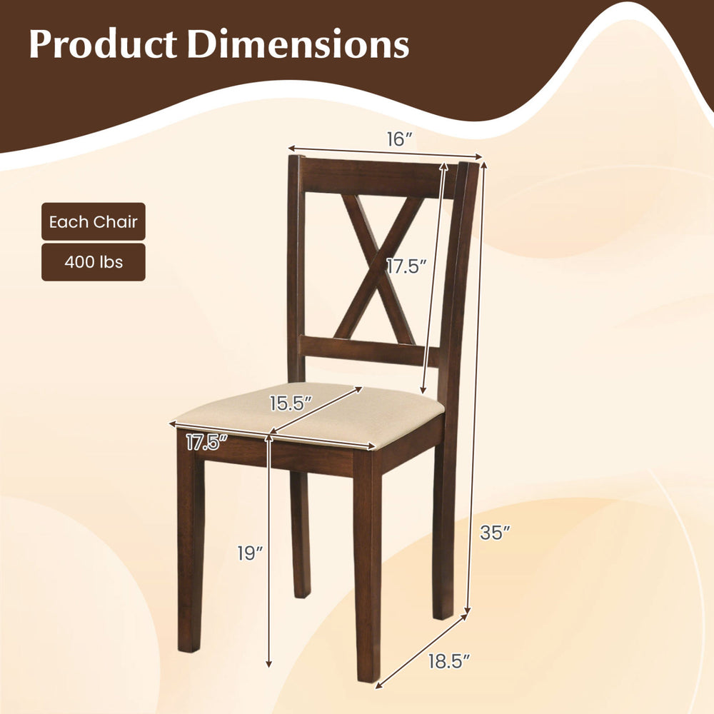 Dimensions of a chair from the 5-piece dining table set, featuring rubber wood legs and a padded seat for comfort.