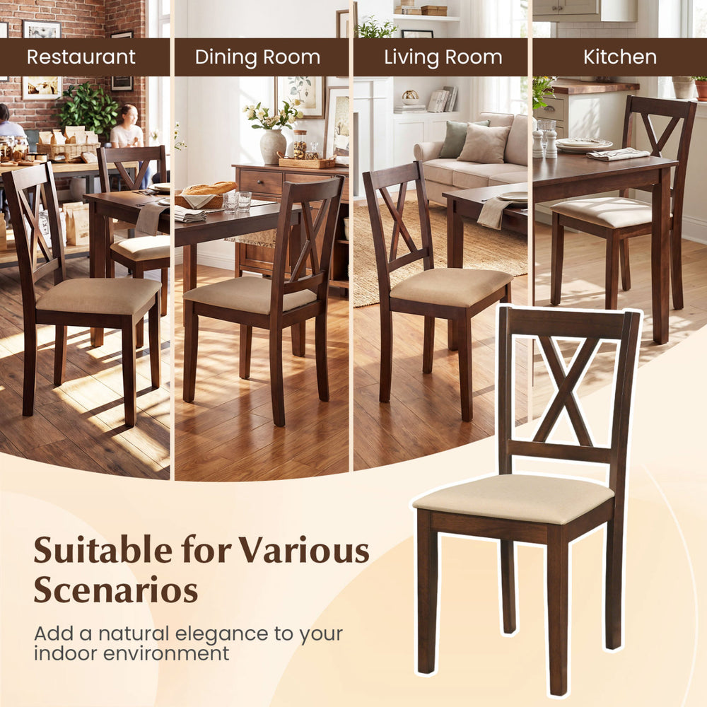 Square dining table set with 4 armless chairs, rubber wood legs, and padded seats, ideal for dining rooms and kitchens.