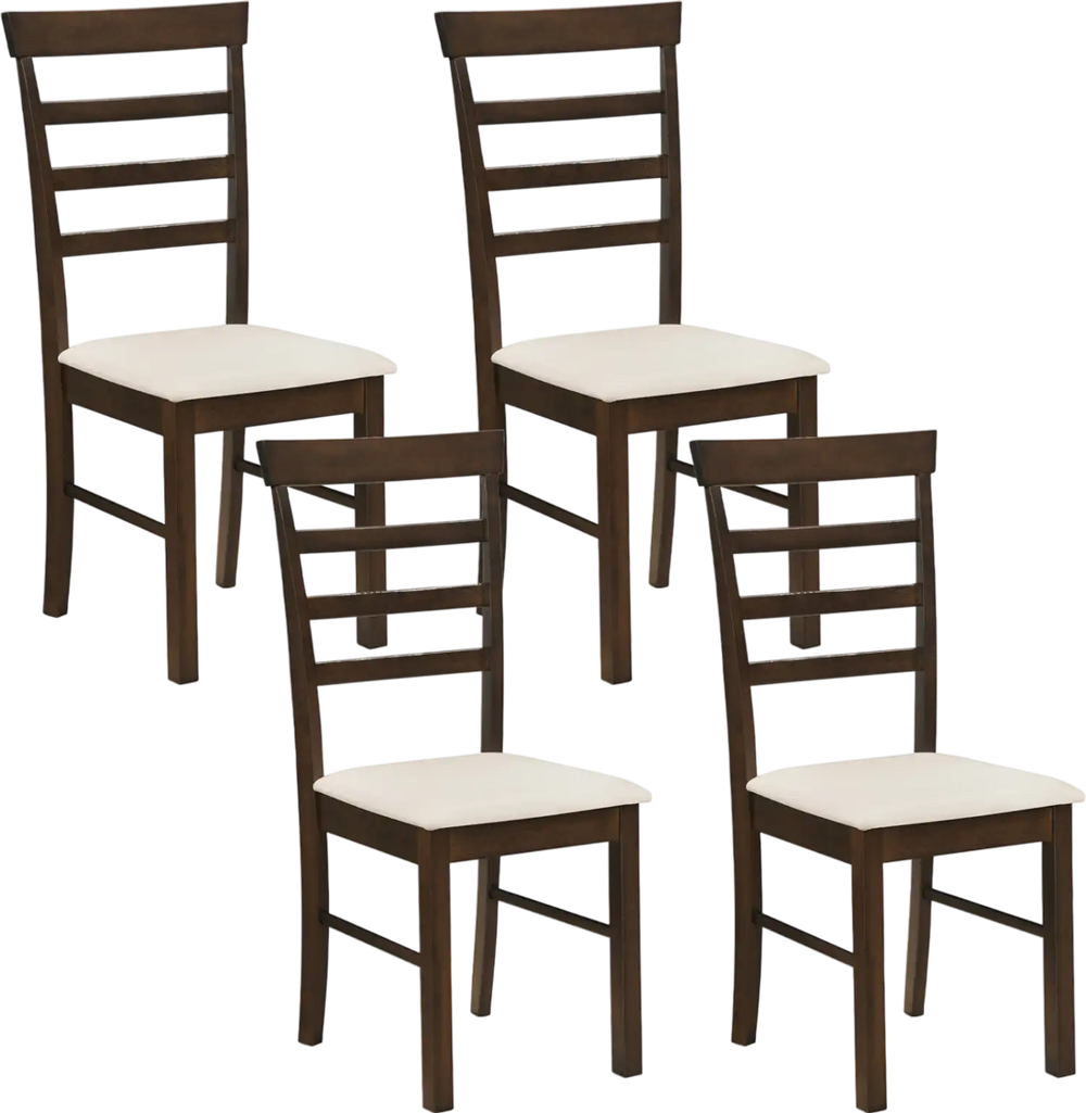 Set of 4 wooden dining chairs with fabric cushions, featuring a slatted backrest and solid rubber wood frame for stability.