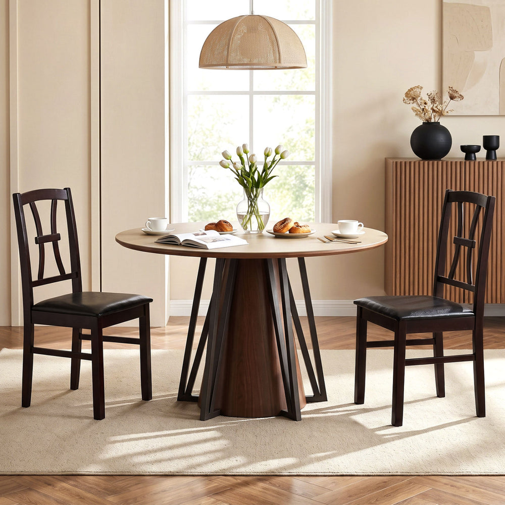 Brown wooden dining chairs set of 2 with faux leather padded seats, perfect for modern kitchen decor and comfort.