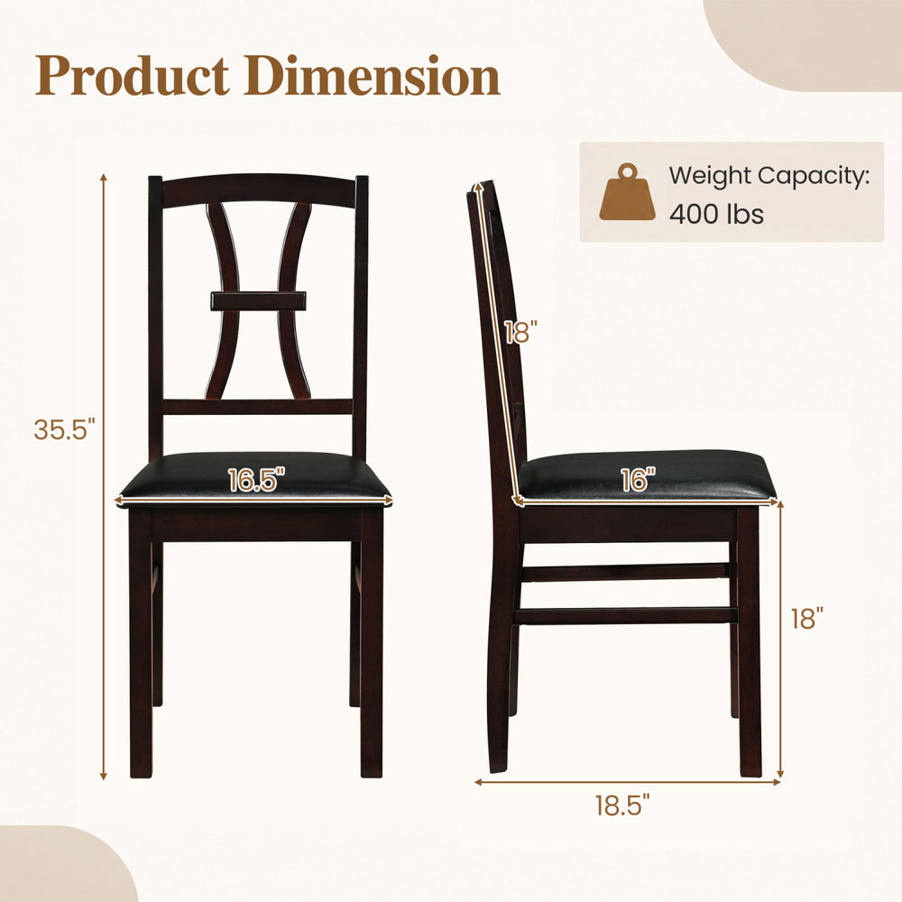 Side view of a brown wooden dining chair with faux leather padded seat, featuring a weight capacity of 400 lbs.