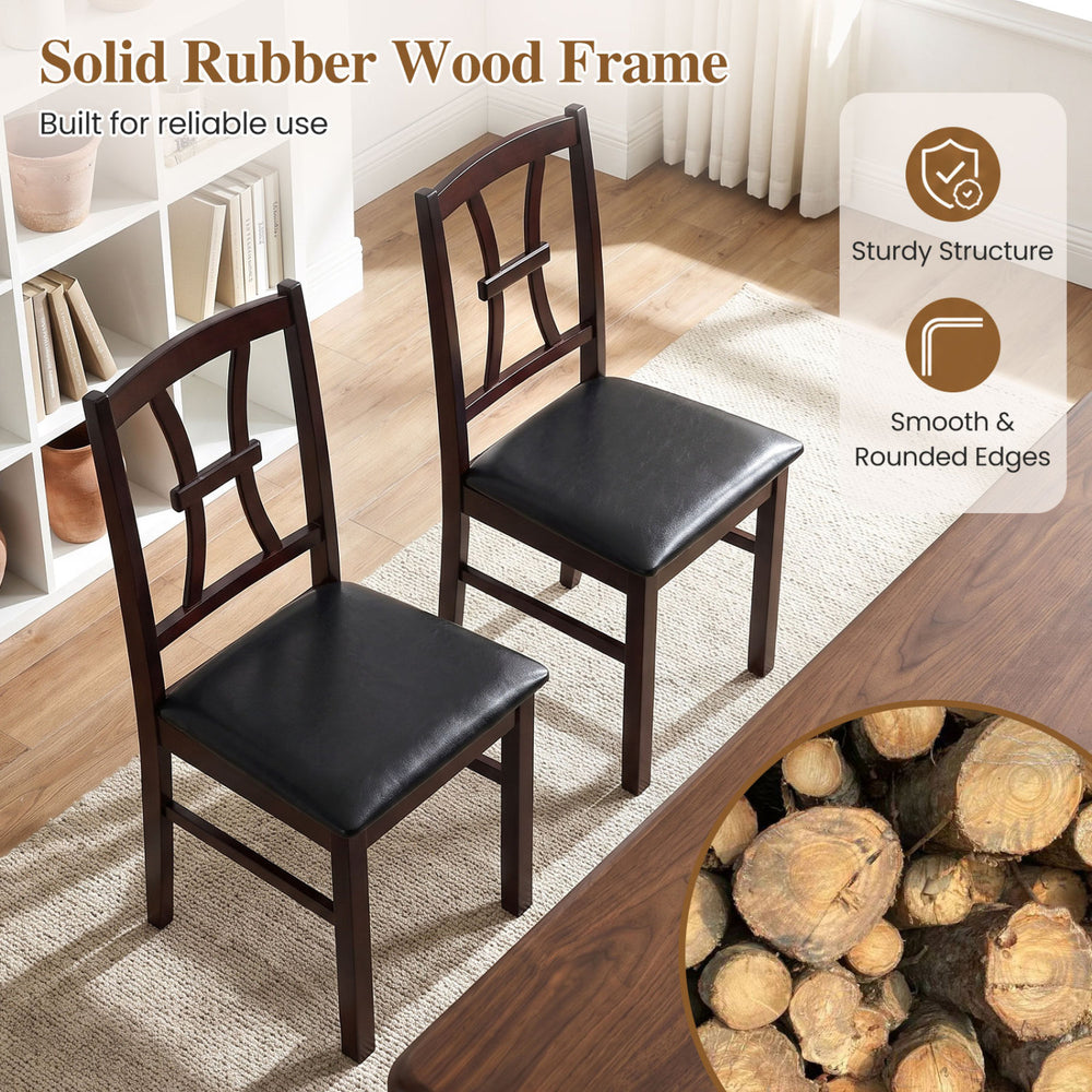 Set of 2 wooden dining chairs with a sturdy rubber wood frame and faux leather padded seats for kitchen use.