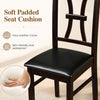 Wooden dining chair with a faux leather padded seat cushion, featuring a durable rubber wood frame for kitchen use.