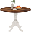 Round wooden dining table with walnut finish and white curved trestle legs, perfect for seating up to 4 people.