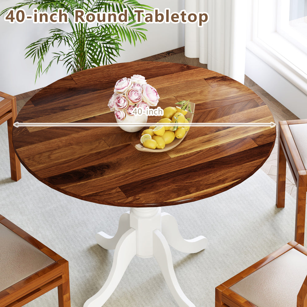 40-inch round wooden tabletop in walnut finish, featuring curved trestle legs, perfect for dining or kitchen use.