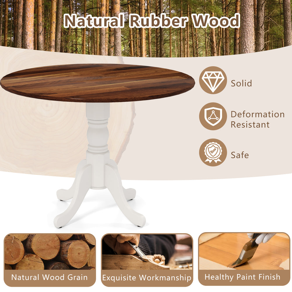 Round wooden dining table with walnut finish, rubber wood construction, and curved trestle legs for elegant stability.