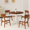 Round wooden dining table with curved trestle legs in walnut and white, seating up to 4 people, perfect for dining.